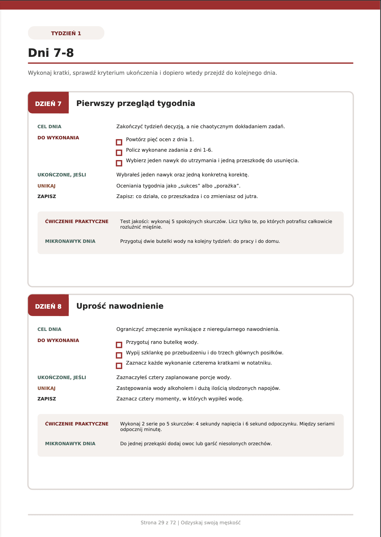 Strona planu: dni 7-8 z checklistą i ćwiczeniem praktycznym